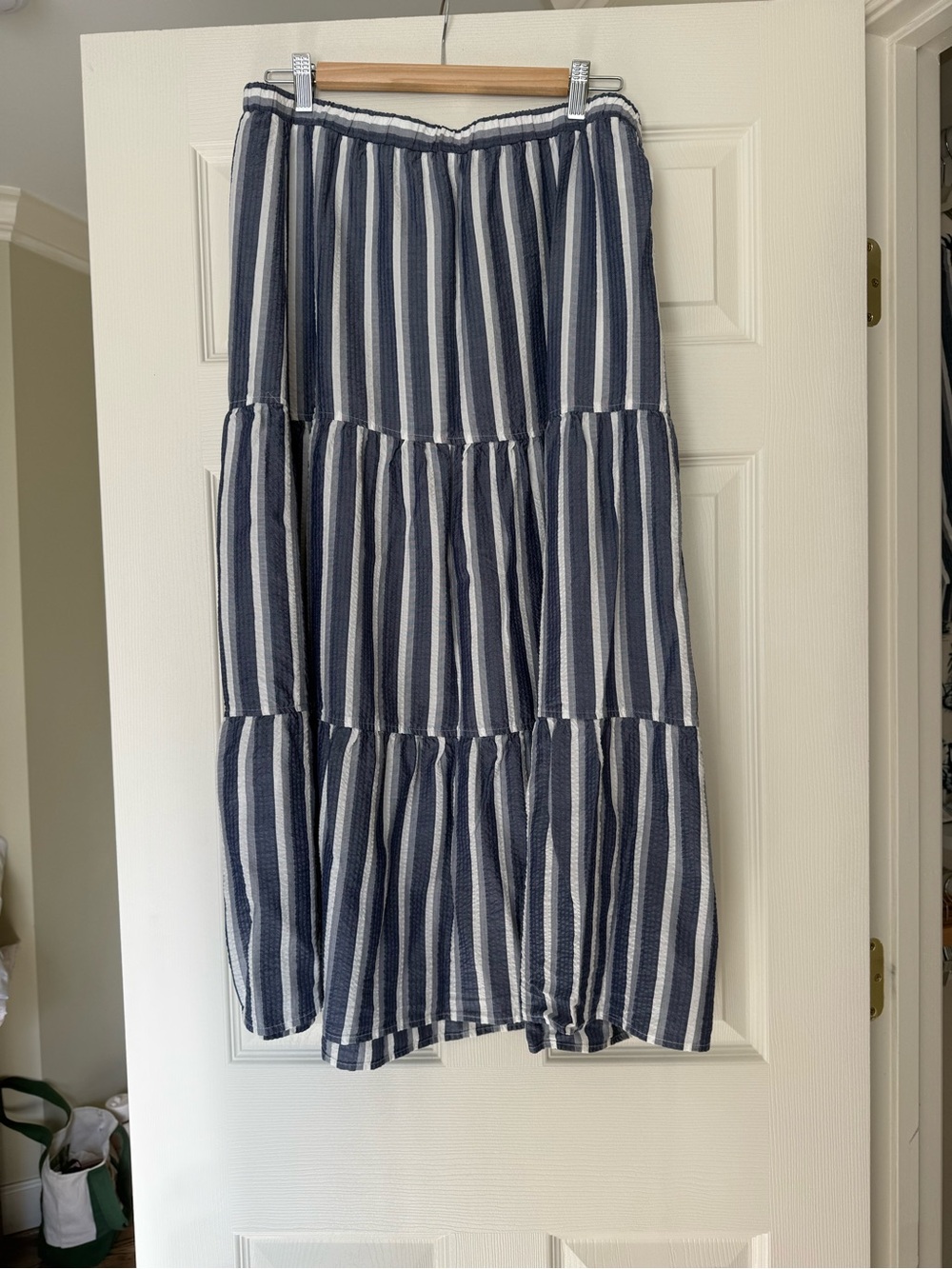 cloth & stone Blue and White Vertical Striped Tiered Maxi Skirt